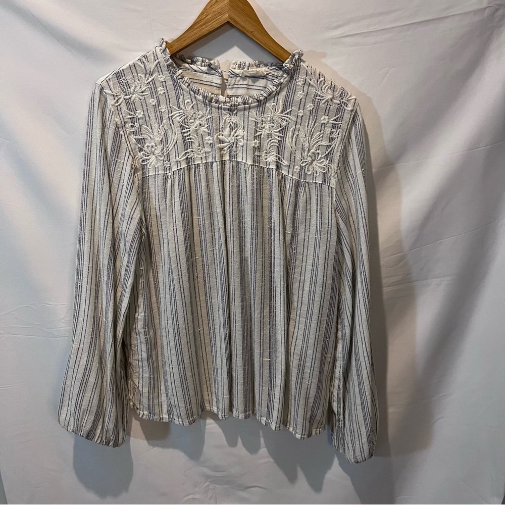 World Market Boho High Neck Prairie Blouse  Sz Large Cream Stripe